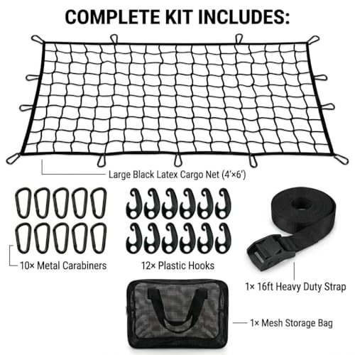 Heavy Duty Latex Cargo Net for Pickup Truck Bed 4'x6' (Stretches to 8'x12'), Bungee Mesh Truck Tie Down Net with 10 Metal Carabiners, 16ft Strap & Breathable Storage Bag - size: Medium 1.2x1.8m