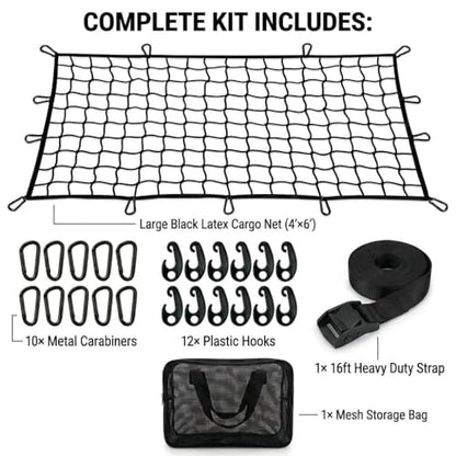 Heavy Duty Latex Cargo Net for Pickup Truck Bed 4'x6' (Stretches to 8'x12'), Bungee Mesh Truck Tie Down Net with 10 Metal Carabiners, 16ft Strap & Breathable Storage Bag - size: Medium 1.2x1.8m