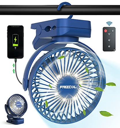 Clip on Fan 65 Hours Portable Desk Fan Rechargeable with LED Lights & Hooks 12000 Capacity Battery Operated Fan with Clips Small Desk Fan Mini Fans for Tents Travel Outdoor Camping Golf Cart Stroller - color: Dark Blue