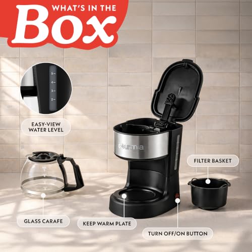 Gourmia 5 Cup One-Touch Drip Brew Coffee Maker – Pause and Serve, Automatic Keep Warm, Easy View Water Window, Compact, Stainless Steel Accents, Black