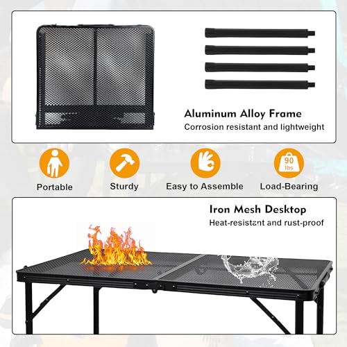 GREGIN Camping Table with Mesh Desktop, Lightweight & Portable Folding Grill Table, Height Adjustable Metal Outdoor Table for Camp, Cooking, BBQ, RV, Picnic-4 FT Black - size: L: 47.24"L x 23.62"W x 16.5"H/26"H