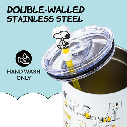 Silver Buffalo Peanuts Iconic Scenes Charlie Brown, Snoopy, Woodstock, Lucy, Sally, Linus Double Walled Stainless Steel Tumbler with Handle, Straw, & Straw Cap, Fits in Standard Cup Holder, 40 Ounces - color: Peanuts Iconic Scenes