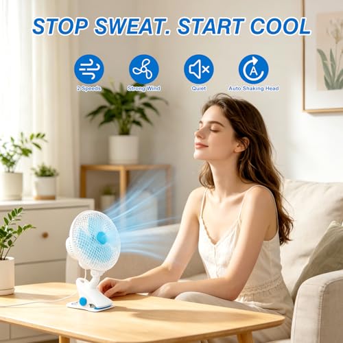 TeqHome Clip-On Fan, 2 Speeds Quiet Oscillating Clip Fan, 90° Adjustable Tilt, Portable Rechargeable Personal Fan for Desk, Home, Office, Dorms, Strollers, Camping, Wall Mount