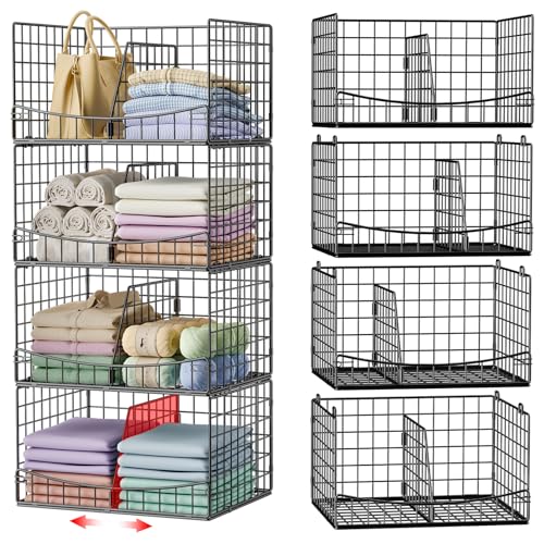 Hongtamoya 4-Tier Closet Organizers and Storage Basket with Divider, Foldable Closet Shelf Organizer System, Space-Saving Clothes Storage Drawer Organizer Bins for Wardrobe Cupboard, Black - color: Black, size: 12"D x 15.9"W x 35.3"H | Divided