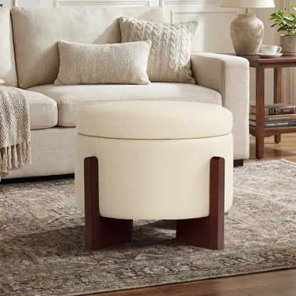 Faux Leather Round Ottoman, 22 Inch Storage Ottoman,PU Leather Ottoman,Multi-Functional Footrest for Living Room & Bedroom,Apartments (White, Round) - color: White
