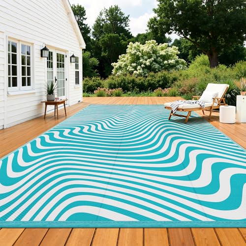 Vaukki Outdoor Patio Rug 9x12, Waterproof Woven Plastic Straw Camping Area Mat, Teal RV Striped Outside Reversible Carpet Clearance for Porch Backyard Deck Balcony - color: Wave-teal, size: 9' x 12' (Rectangular)