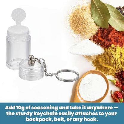 Mini Salt Keychain Bottle – Refillable AS Travel Salt Shaker – Portable Spice Jar with 2 Stickers – Small Key Chain Shaker for Camping, Office, Picnics, Lunchboxes