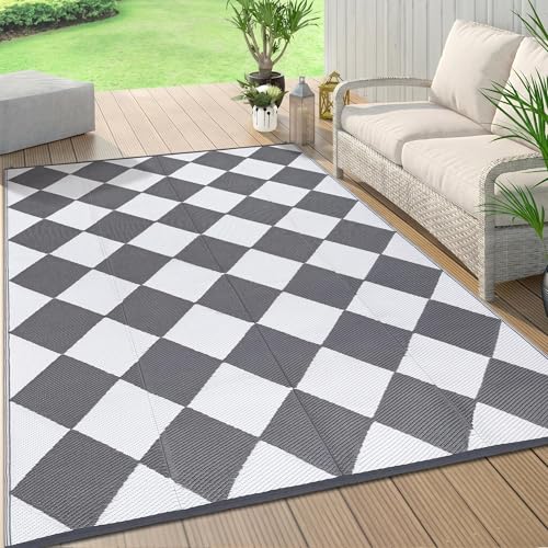 IDEALHOUSE Outdoor Rug, Reversible Waterproof Plastic Patio Mat, UV Resistant Large Floor Mat with Carry Bag, Portable RV Mat for Camping, Picnic, Backyard, Grey & White Checkered, 9' x 12' - color: Gray/White, size: 9' x 12' (Rectangular)