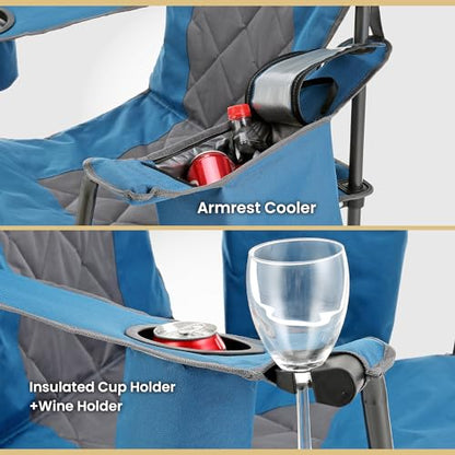 ARROWHEAD OUTDOOR 2-Pack Portable Deluxe Folding Camp Quad Chair w/Headrest, Glass & Cup Holders, Armest 6-can Cooler, Heavy Duty Carry Bag, 550 lbs Weight Capacity - color: Blue 2pack