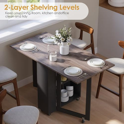 LotFun Folding Dining Table with 2 Storage Racks, Space Saving Dining Table with 6 Wheels, Kitchen Table for Small Spaces - color: Grayish Black + Gray Wood Grain
