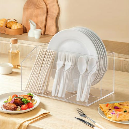 Acrylic Paper Plate Organizer and Dispenser – Plate and Utensil Caddy for Plates, Cups, Napkins and Cutlery, Ideal for Kitchen, Parties, Picnics, Weddings, and Outdoor Events - size: Standard(9 x 6 Inch)