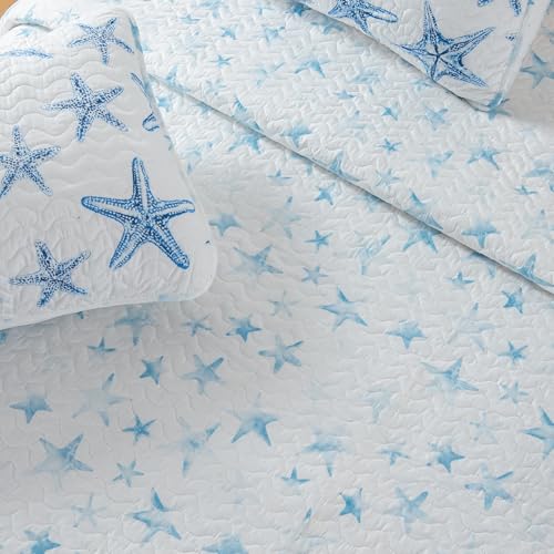 Great Bay Home Coastal Quilt Set - 3-Piece Full/Queen Size Nautical Bedding Set - Lightweight, All-Season, Reversible Starfish Bedspread (Blue) - color: Blue, size: Full / Queen