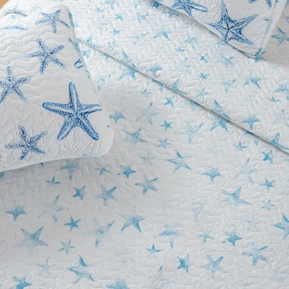 Great Bay Home Coastal Quilt Set - 3-Piece Full/Queen Size Nautical Bedding Set - Lightweight, All-Season, Reversible Starfish Bedspread (Blue) - color: Blue, size: Full / Queen