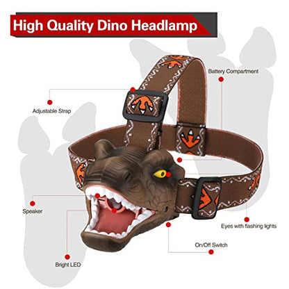 Dinosaur Kids Headlamp, T-Rex Dinosaur Led Headlamp Flashlight, Dinosaur Toy Headlamp Flashlight with 4 Lighting Mode for Boys, Girls’ Camping, Hiking, Reading and Party (Brown) - color: Brown