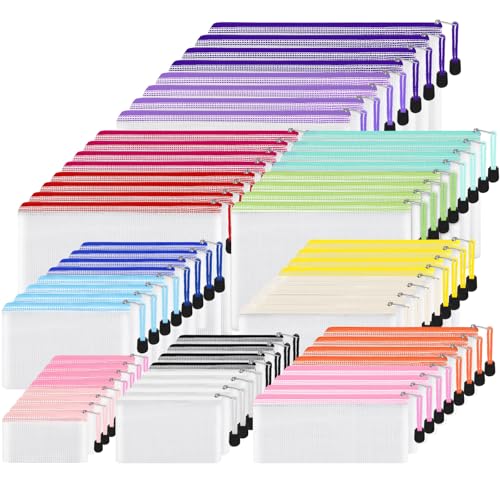 EOOUT 64pcs Mesh Zipper Pouch Bags, 8 Sizes Plastic Bags, 15 Colors | Waterproof Pouches with Slide Fastener for Organization, Multipurpose for Travel, Office and Home Organization - style: Multicolor-64pcs