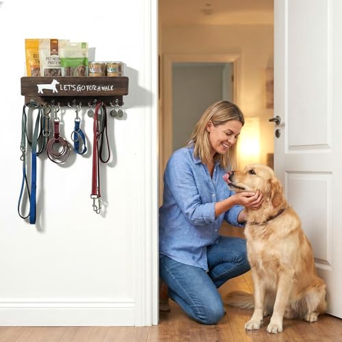 Wood Dog Leash Holder for Wall, Key Hangers with 5 Double Key Hooks, Dog Leash Hanger Wall Mounted for Entryway, Farmhouse Treats,35cm,Brown - color: Brown
