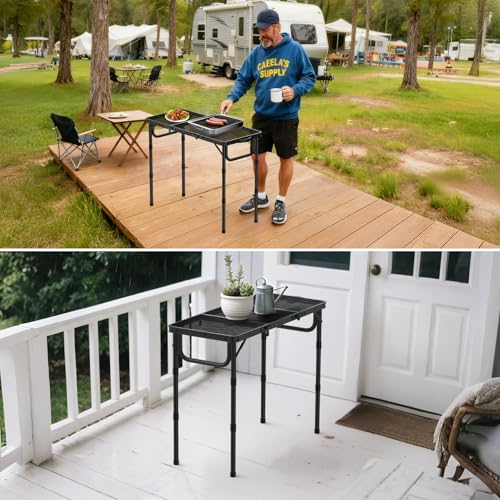VINTEAM Folding Grill Table with Mesh Top, 3 Adjustable Heights, Lightweight Portable Camping Table, Black Aluminum Alloy BBQ Picnic Table for Outdoor Cooking, Tailgating, Beach, RV & Backyard - style: 3-Fold Mesh Tabletop