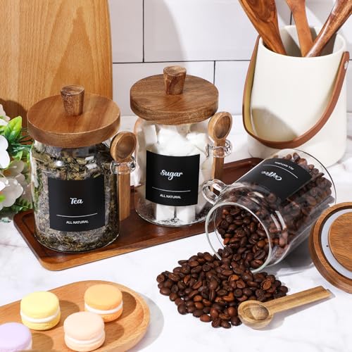 Suclain 3 Pcs Glass Coffee Container with Wooden Lid Spoon Shelf Labels Clear Airtight Jar Food Storage Canister Set for Sugar Spice Coffee Bean Holder Housewarming Gift(20 oz,Acacia Brown) - size: 20 oz