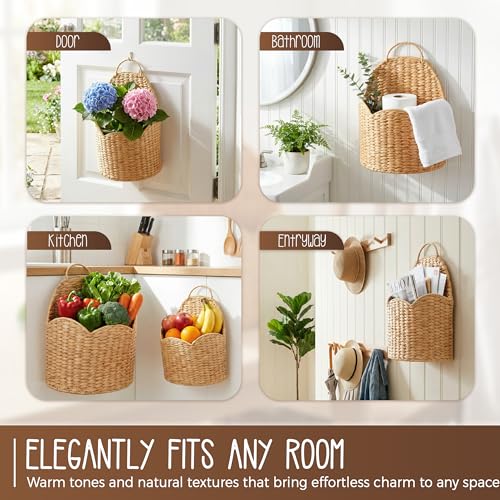 2Pcs Water Hyacinth Scalloped Hanging Basket – Wall & Door Organizer with Loop Handle, Front-Entry Mail/Floral Holder, Boho Farmhouse Wicker Wall Décor, Handwoven in Vietnam, Natural Woven Storage Bin