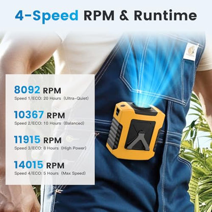 10000mAh Portable Waist Fan - Clip on Wearable Belt Personal Fan Rechargeable Battery operated With 4 Speeds & Flashlight Neck Hands-Free 20H Cooling For Outdoor, Hiking,Jobsite, Farms - color: Yellow-2