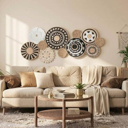 11-Piece (Retro) Boho Wall Basket Decor – Handmade Woven Wall Baskets, Bohemian Farmhouse Wall Art, Rustic Hanging Basket Set for Living Room, Bedroom & Kitchen Summer decoration - style: Retro