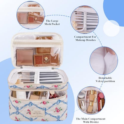 Gosect Makeup bag, Large Cosmetic Bag for Women Girls, Cute Quilted Makeup Bags, Floral Coquette Aesthetic Toiletry Bag, Travel Make Up Organizer Bag (Blue Bow) - color: 020Blue Bow