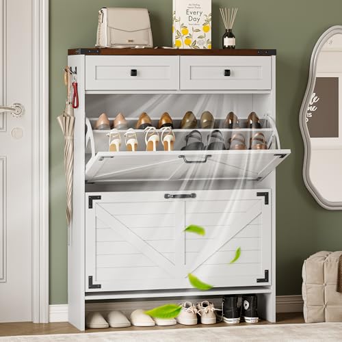BORNOON Shoe Cabinet with Odor Control Deodorizer and Back Panel, Farmhouse Narrow Shoe Storage Cabinet Rack for Entryway with 2 Flip Drawers and 2 Top Drawers, Adjustable Shelves, Side Hooks - color: White, size: 2-Flip with Deodorizer