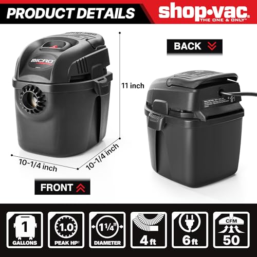 Shop-Vac 2021005 1 Gallon Micro Wet/Dry Vacuum, 1.0 Peak HP, 1.25 Inch Diameter x 4 Foot Hose, 6 Foot Cord, Lightweight and Portable, Quick Wet/Dry Pickup