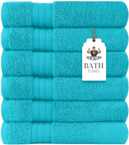 HERCULEAN Large Bath Towels 24 x 50 Pack of 6 | Quick Dry and Highly Absorbent | 100% Cotton Terry Towels for Bathroom - Perfect for Shower - Pool and Spa - Luxury Soft Towels - Aqua Blue - color: Aqua Blue, size: 24" x 50" PK 6