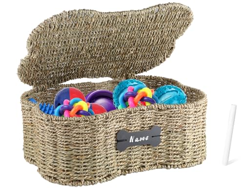 Seagrass Wicker Baskets for Dog Toys,Bone Shaped Dog Toy Bin with Lid,Personalized Dog Toy Organizer Boxes for Living Room,Farmhouse Handmade Pet Dog Storage,Dog Stuff Organizer