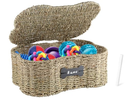 Seagrass Wicker Baskets for Dog Toys,Bone Shaped Dog Toy Bin with Lid,Personalized Dog Toy Organizer Boxes for Living Room,Farmhouse Handmade Pet Dog Storage,Dog Stuff Organizer