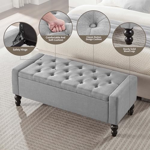 50" W Storage Ottoman Bench with Safety Hinge, Load up to 660 lb Ottoman with Storage, Upholstered Tufted Entryway Bench with Seating for Living Room, Bedroom, Light Gray - color: Light Gray