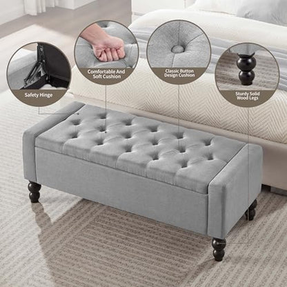 50" W Storage Ottoman Bench with Safety Hinge, Load up to 660 lb Ottoman with Storage, Upholstered Tufted Entryway Bench with Seating for Living Room, Bedroom, Light Gray - color: Light Gray