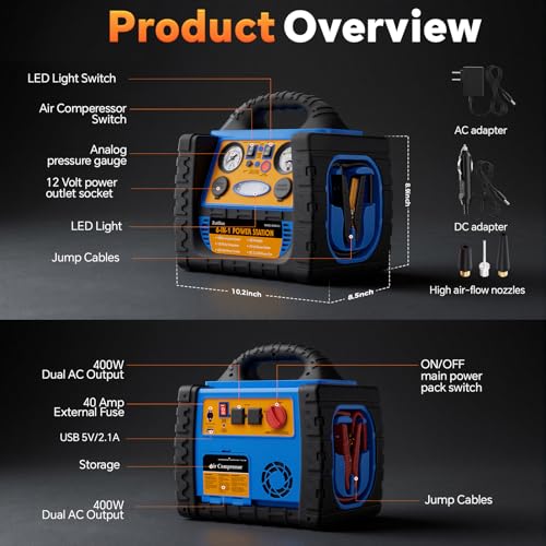 Car Jump Starter with Air Compressor, 1800A Battery Booster Pack for Up to 8.0L Gas & 6.0L Diesel, 150PSI Tire Inflator, 400W Portable Power Station with AC Outlet, 6-in-1 Jump Box for Cars, Trucks - style: 1800AMP
