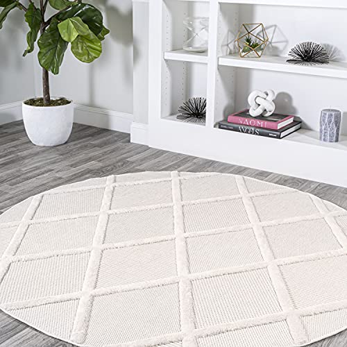 JONATHAN Y Diamond Trellis Indoor Outdoor Round Area Rug 5 Ft Ivory, Salines for Backyard, Patio, Porch, Easy-Cleaning, High Traffic, Pet-Friendly, Non-Shedding (IBZ101D-5R) - color: Ivory, size: 5'3" (Round)