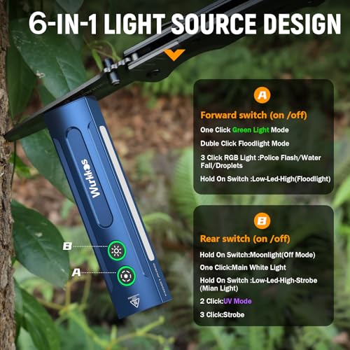 Wurkkos HD01PRO Flat Flashlight with UV Light&White LED Combo,Led Flashlight 1200Lumens with RGB Light,Rechargeable EDC Flashlight,Pocket Light for Emergency,Pet Urine Detection(Blue) - color: HD01PRO-HM-BL-6K-2