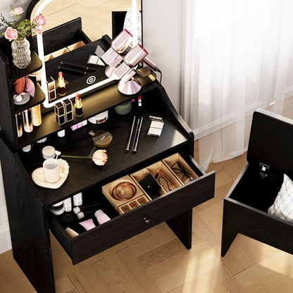 LIKIMIO Small Makeup Vanity Desk with Mirror and Lights, Vanity Table Set with Storage Drawer, Chair and Three Shelves, Bedroom, Black - color: Black