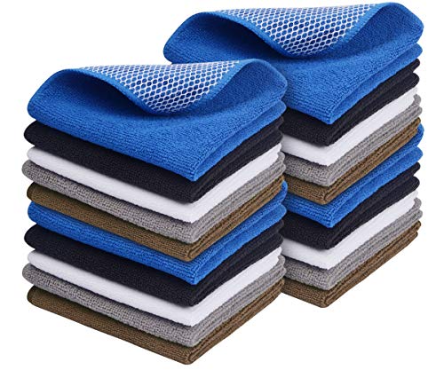 SINLAND Microfiber Dish Cloth for Washing Dishes Best Kitchen Washcloth Dish Rags Cleaning Cloths Poly Scour Side Color Assorted 12inchx12inch (Bluex4+whitex4+greyx4+brownx4+blackx4) - color: Assortedcolor-1, size: 12inchx12inch 20pack
