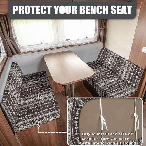Black Ethnic Print RV Dinette Cushions Covers RV Sofa Furniture Protector for RV Camper Car Bench with 1 Backrest & 1 Bench Cover, Washable - color: Black Ethnic Print