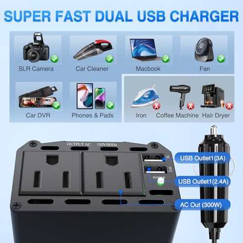 Nilight 300W Power Inverter 12V DC to 110V AC Car Charger Converter with 5.4A Dual USB Ports and 2 AC Outlets for Phones Tablets Laptop Computer Game Console Kindle iPad DVD Players Black - color: 300W USB*2 110V Outlet*2