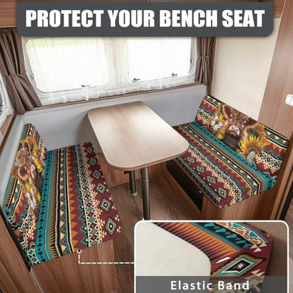RV Dinette Cushion Covers Aztec Highland Cow Stretch Camper Sofa Replacement Couch Cushion Slipcovers Washable Camper Seat Bench Slipcover for Travel Trailer Couch - color: Aztec Highland Cow