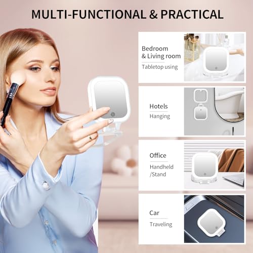 FUNTOUCH Rechargeable Travel Makeup Mirror, 30X/1X Rechargeable Double Sides Magnifying Mirror with 3 Light Settings & Adjustable Brightness,Compact Mirror with PU Bag Valentine's Day Gift, White - color: White-c