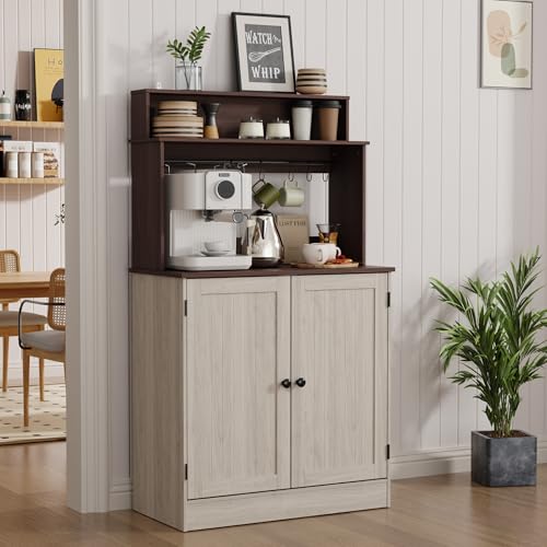 MHOM Farmhouse Bar Cabinet with Storage, Coffee Station Cabinet with 5 Hooks, Small Coffee Bar for Kitchen & Living Room, Antique Oak - color: Oak