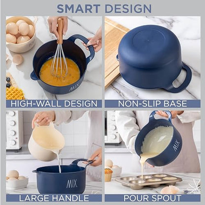 Rae Dunn Non-Slip Mixing Bowls - 4 Piece Nesting Plastic Mixing Bowl Set with Pour Spouts and Handles-Measurement Markings (Cream) - color: Cream