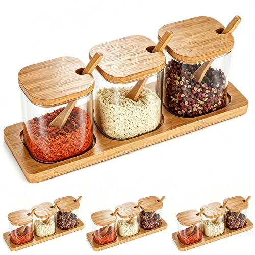 Bamboo Spice Jar Set with Wooden Lids and Spoons, Glass Condiment Containers with Serving Tray, Kitchen Storage Organizer for Seasonings, 3-Piece (Light Brown, 12P Middle) - size: 12P Middle