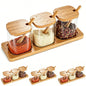 Bamboo Spice Jar Set with Wooden Lids and Spoons, Glass Condiment Containers with Serving Tray, Kitchen Storage Organizer for Seasonings, 3-Piece (Light Brown, 12P Middle) - size: 12P Middle