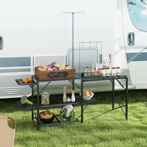 Outsunny Folding Camp Kitchen Table, Portable Camping Cooking Station with Adjustable Lantern Holder, Hanging Hooks and Carrying Bag for Outdoor Picnic Beach BBQ Traveling