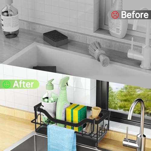 Kitchen Sink Organizer Stainless Steel Sponge Holder with Automatic Drainage Tray and Detachable Rag Rack - color: Black