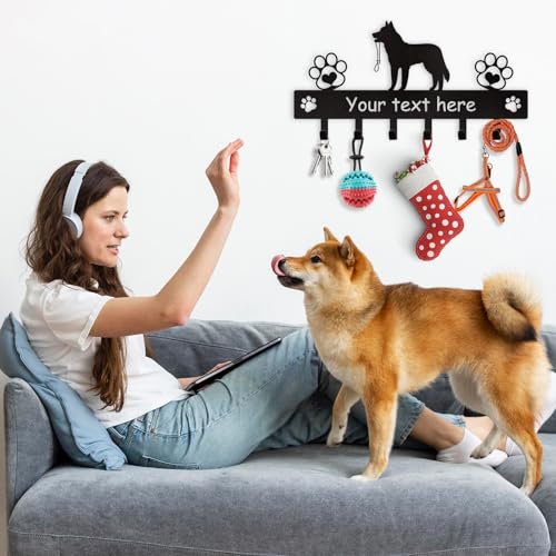 Custom Metal Key Rack Wall Mount with Name, Key Hooks and Dog Leash Holder for Entryway Doorway - color: 02 Dog