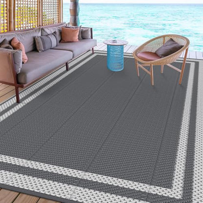 HappyTrends,Outdoor Rug,Patio Rug,Reversible Portable Plastic Straw Rug,Camping Rugs for Outside RV,Large Waterproof Area Rugs for Patio,Deck,Picnic,Porch,Balcony(6'x 9',White&Gray) - size: 6' x 9' (Rectangular)